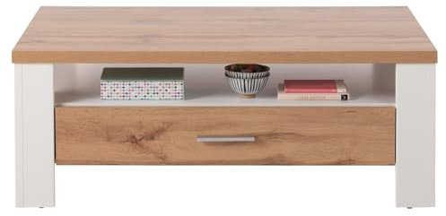 LIVIN Couchtisch - Eiche Altholz Dekor - 110 x 65 cm - Weiß supermatt Dekor - 1 Ablage und 1 Schublade