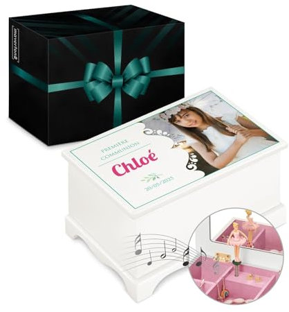 Maverton Boîte à Bijoux Musicale personnalisée avec ballerine - 17x11x9 Coffret à trésors avec impression pour petite fille - pour premier anniversaire - baptême - deco - cadeau photo communion