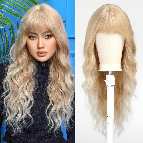 UEVIES Licht Erdbeere blonde Perücken mit Pony Perücke für Frauen Lang Lockig Gewellt Synthetische Resistent Perücken für den Täglichen Gebrauch Party-26 Zoll