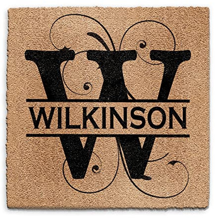 Personalised Doormat (90cm x 90cm) Medium, Customise with Name, Initial Floral, Text, Coconut Core Fibre Heavy Duty Mat, Rug, Family Name and Initial Floral Indoor Natural Coir Square Door Mat
