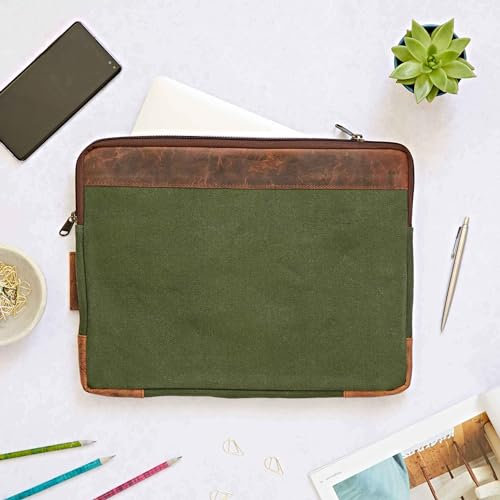 Leather And Canvas 17 inch Laptop Case - Laptop Sleeve - Custom Laptop Bag - Protective Macbook Pro - Surface Pro - 17 Case (Green)