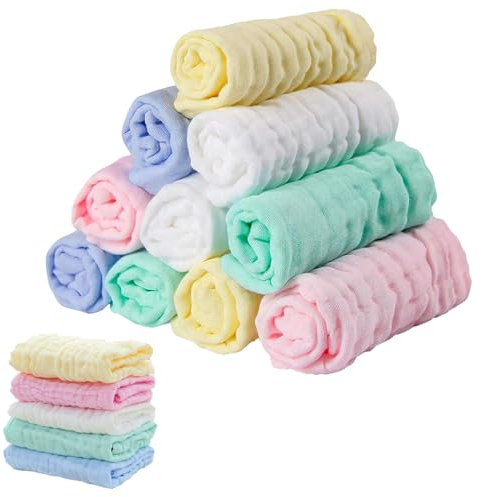Auirshiky 10 Stück Baby Musselin Squares, 23x23 cm Baby Waschlappen Neugeborene, Weiche Baby Handtuch, Spucktücher Baby zum Füttern, Wischen und Waschen- Zufällige Farbe-100% Baumwolle