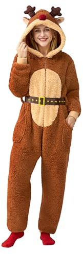 Giggling Getup Weihnachtspyjama mit Kapuze für Damen, Einteiler, Winter-Pyjama für Erwachsene, Braun, L