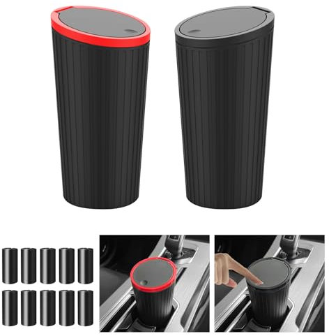 UptVin Lot de 2 poubelles de voiture avec couvercle pop-top, petite poubelle portable, avec 10 rouleaux de sacs poubelles, porte-gobelet, mini poubelle pour voiture, maison, cuisine, bureau