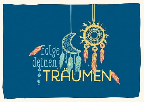 Gutsch Verlag Postkarten Sprüche Folge deinen Träumen Motiv Traumfänger mit Mond und Federn in Blau und Gelb für Träumer und Inspiration Suchende