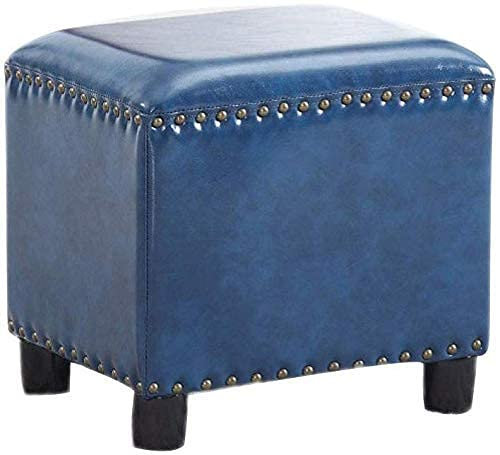 WIKKASSEIR Fußhocker, Vintage gepolsterter Fußhocker mit Nieten, Massivholz, Schuhwechselhocker, Wohnzimmersofa, Couchtisch, Marineblau, quadratische osmanische Fußstütze aus Leder, 14 x 10 x