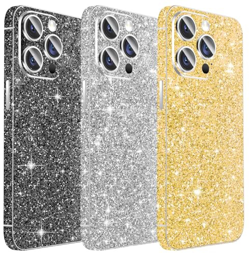 Kucheed 3PCS Sparkling Skin Protector for iPhone, Bling Glitter Shiny Grain Full Cover Edges Sticker, Precise-Fit Back Protector/Luxury Wraps/Bling Phone Decorations for iPhone 13 Pro Max