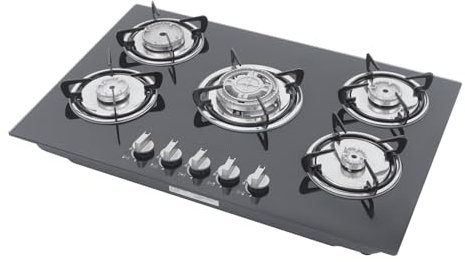 Stufa a gas a 5 fuochi per gas naturale, da incasso con superficie in vetroceramica e griglia smaltata, vetro temperato, 77 x 51 x 7 cm, sicuro ed efficiente dal punto di vista energetico, per casa e