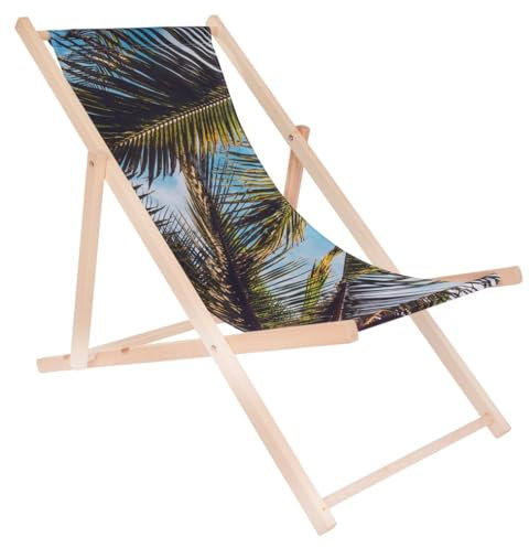 specwood Strandliege Klappbar Leicht - 119x58 cm - Liegestuhl klappbar Holz für Garten, Balkon - Sonnenliege Holz wetterfest - Klappliegestuhl aus Buche mit Baumwollstoff - Strandstuhl - Palmen