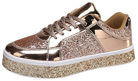 MODSGUE Zapatillas de tenis brillantes para mujer, diseño floral, con brillantes, brillantes y brillantes, para boda, con lentejuelas brillantes, para correr, básicas, Oro rosa, 40 EU