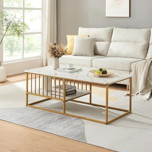 [en.casa] Couchtisch Raukurg Sofatisch mit einem Ablagefach Wohnzimmer 120 x 60 x 44 cm rechteckig Metallgestell Marmoroptik, weiß/Goldfarben