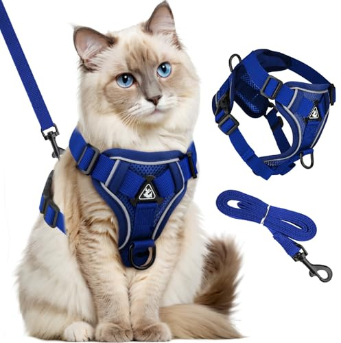 GlasFlength Katzengeschirr mit Leine Ausbruchsicher, Katzenleine mit Geschirr für Katzen Verstellbar Katzen Geschirr Set Cat Harness Softgeschirr für Katze mit Reflektierenden Streifen (Dunkelblau-M)