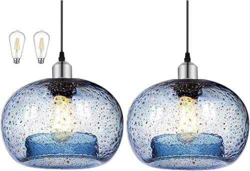 Large Glass Pendant Light for Kitchen Island, Blue Glass Pendant Hanging Light fixtures with Extra 2 Bulbs, Adjustable 1.5m Cord Modern Pendant Lighting for Hotel Restaurant and Home (23cm, 2-Pack)