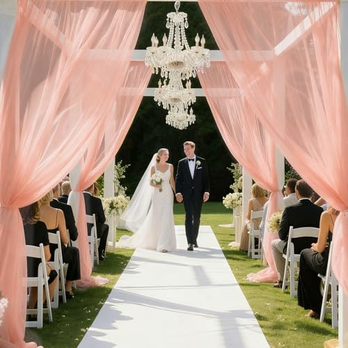 Minicoco 4 Panels Tulle Ceiling Drapes Curtains，5ftx20ft Wedding Arch Ceremony & Party Decor Wrinkle Free Tent Sheer Voile Fabric Draping Curtains (Dusty Rose)