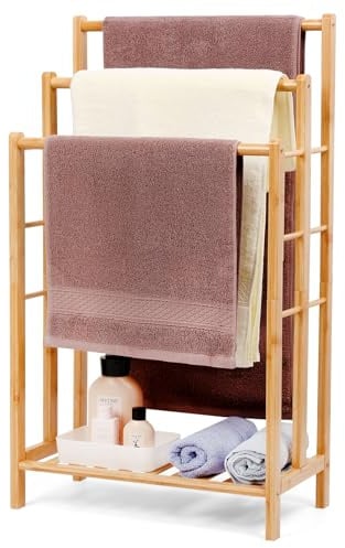 Relquorax Toallero de bambú con estante, toallero de pie, escalera de pie con 3 barras, baño, salón, ahorra espacio (86 cm de alto)