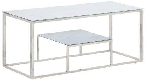 Teenpull Eleganter Couchtisch, Silbern Edelstahl, Hartglas in Marmor-Optik, 110x45x45 cm Wohnzimmertisch, robuster Beistelltisch für Moderne Einrichtungen, pflegeleicht