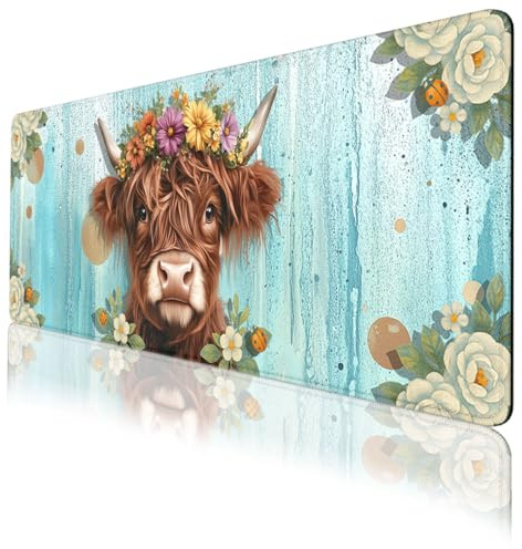 LSXP JR Highland Cow Desk Pad Mouse Pad Floral Farmhouse Flower Crown Mousepad XL Large Gaming Mouse Pad Laptop Keyboard Mat Desk Pad