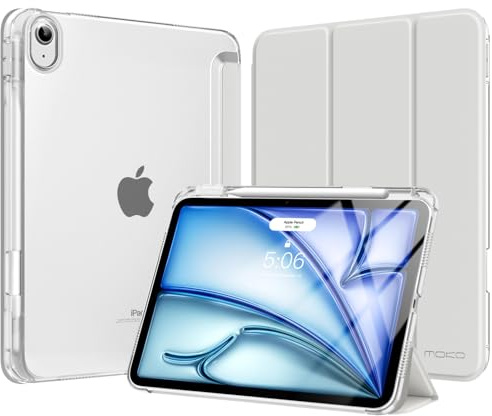 MoKo for iPad Air 11 inch Case (M4/M3/M2) 2026/2025/2024 with Pencil Holder | For iPad Air 5th/4th Gen 10.9 inch Case 2022/2020, Slim Light Trifold Protective Cover with Hard PC Clear Back, Light Gray