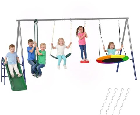 AIYAPLAY Schaukelgestell 5 in 1 Kinderschaukel Set, 382x196 x203 cm | Mit Rutsche, Bis 350 kg, Höhenverstellbar, Nestschaukel, Gurtschaukel, Gleiter, Stehschaukel, Outdoor, Für 3-8 Jahre