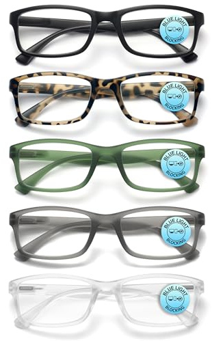 OPULIZE PEP Reading Blue Light Blocking Glasses for Women Men, Rectangular Frame with Anti-Glare Computer & Gaming Eyewear,UV & Eyestrain Protection,Matt Black Brown Green Grey Clear +2(Pack of 5)