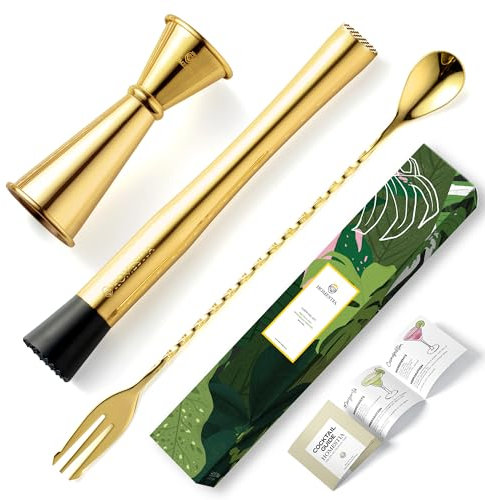 Homestia Muddler for Cocktails Set, 304 Stainless Steel 10 Bar Muddler &12 Cocktail Spoon & Double Jigger, 3 PCS Cocktail Set for Margaritas, Mojitos and Fruit Drinks Bar Tool Set (Gold)