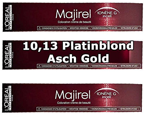 3x Loreal Majirel 10,13 Platinblond Asch Gold Creme Haarfarbe - 50ml