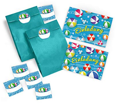 JuNa-Experten 12 Einladungskarten incl. 12 Umschläge, 12 Tüten, 12 Aufkleber zum Kindergeburtstag Schwimmbad Party Wasserbälle Mädchen Jungen/Pool Party