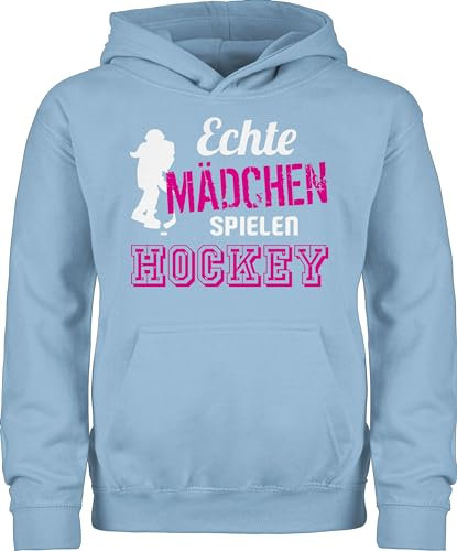 Kinder Hoodie Jungen - Sport Kleidung - Echte Mädchen spielen Hockey - 140 (9/11 Jahre) - Hellblau - flauschiger pullover hoddies pulli pulis hood reitpullover kids hoody 25. geburtstag feldhockey