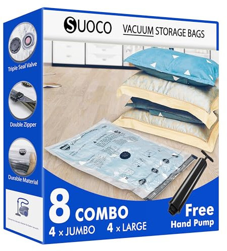 SUOCO Bolsas al Vacío Ropa, Juego de 8 Bolsas (4J + 4L) con Bomba de Mano, Bolsas de Almacenaje al Vacío para Ropa y Edredones, Viaje y Hogar, Resistente y Reutilizable