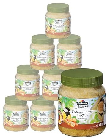 Dehner Natura Premium Wildvogelfutter, Erdnussbutter im Glas, Ganzjahresfutter energiereich / ungesalzen, hochwertiges Vogelfutter für Wildvögel, 8 x 340 g (2.72 kg)