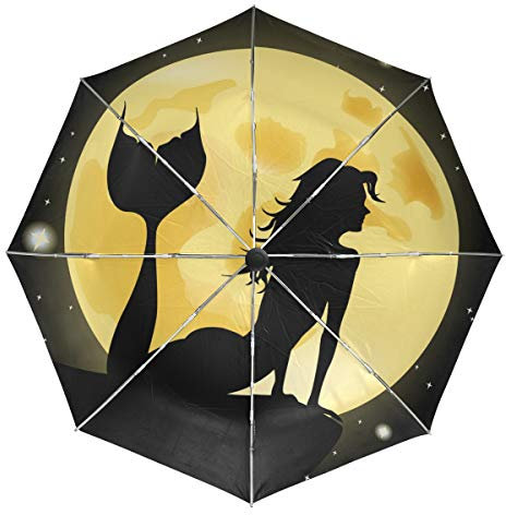 MONTOJ Fantasio Reise-Regenschirm mit Meerjungfrau im Vollmond-Muster, leicht zu öffnen