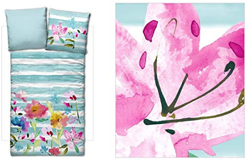 LIVING DREAMS Satin Wende-Bettwäsche Flower AQUARELL blau weiß bunt Streifen Blumen Blüten 155 cm x 220 cm
