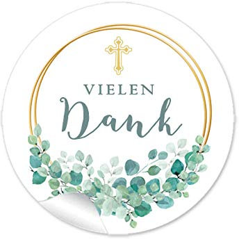 Vielen Dank Etiketten als Gastgeschenk mit Eukalyptus und Kreuz in Goldgelb (kein Echtgold) als Danksagung für Gläser Verpackungen zur Hochzeit Geburtstag Taufe 48 Sticker Aufkleber