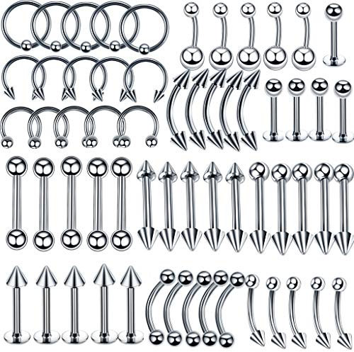 Multi Piercing Set 60x Edelstahl silber Mix Körperschmuck Studs Barbells Silber Bananabells für Ohr Lippe Nase Zunge Bauchnabel Augenbrauen Nippel Piercing Ring Punk 1.2 * 8mm (8)