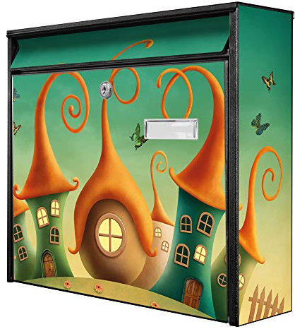 banjado® Burg-Wächter® Briefkasten mit Motiv Zwergenhausen/Briefkasten ohne Zeitungsfach 32x36x10 cm groß/Briefkasten mit Namensschild A4 Einwurf inkl. Montagematerial & 2 Schlüsseln