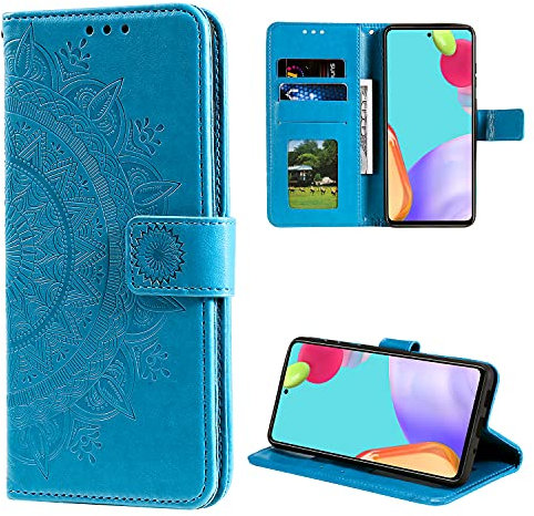EYZUTAK Mandala Handyhülle für Samsung Galaxy A51 4G,Ultra Slim Flip Case mit Kartensteckplatz Magnetverschluss,Prägung PU Leder Klapphülle, Hülle mit Standfunction und Lanyard,Klappbar Motiv-Blau