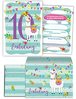 JuNa-Experten 12 Einladungskarten incl. 12 Umschläge zum 10. Kindergeburtstag Lama Einladungen zehnte Geburtstag Mädchen