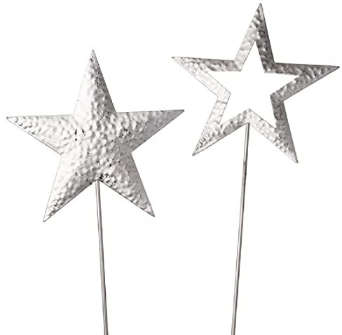 Dragimex weihnachtlicher stimmungsvoller Deko-Stecker Garten-Stecker Stern Metall Silber matt-glänzend gehämmert Preis für 2 Stück, ca. 14 x 57 cm lang