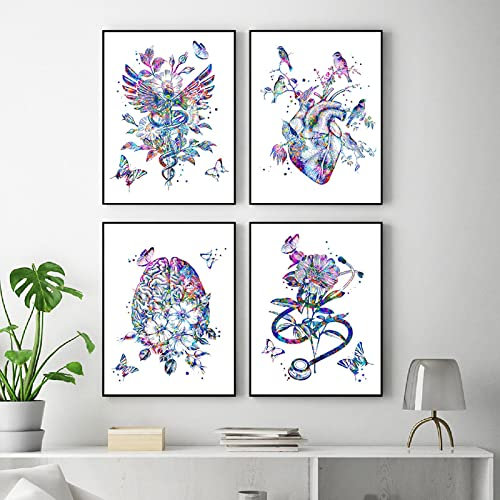 WHXT Leinwand Malerei Arzt Medizinische Anatomie Gehirn Herz Lunge Aquarell Kunstdrucke Klinik Wanddekoration Medizin Poster Dekor-30x50cmx4 Rahmenlos
