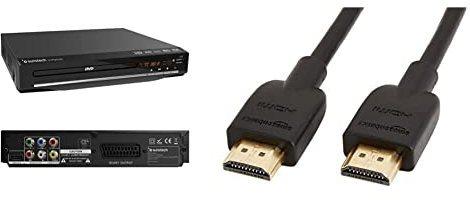 DVPMH225 | Reproductor DVD Compacto, Color Negro + Amazon Basics Cable HDMI 2.0 de Alta Velocidad Ultra HD, Compatible con formatos 3D y con Canal de Retorno de Audio, 1,8 m