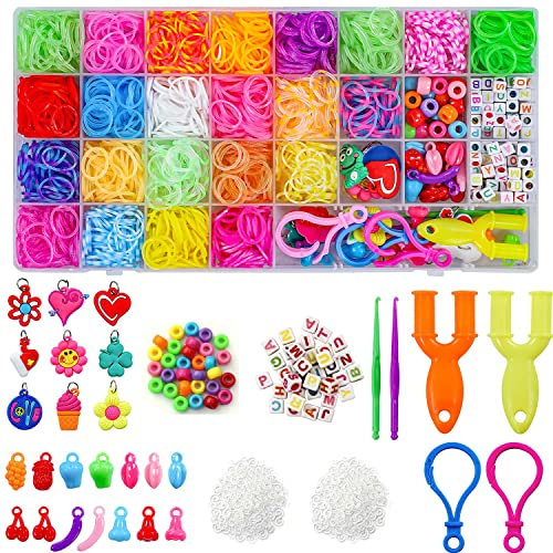 Elekin Loom Bänder Set, 2000+ Bunt Gummibänder DIY Loombänder Kasten Mit Zubehör (Perlen, Anhänger, Charms, Y Loom, S-Clips und Häkelnadeln) für Armbänder, Präsent für Kinder, 23 Farben