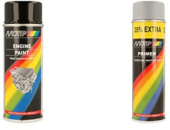 Motip M04092 Engine Paint, 400 ml, Gloss Black & 514054 Primer Spray - Grey - 500 ml