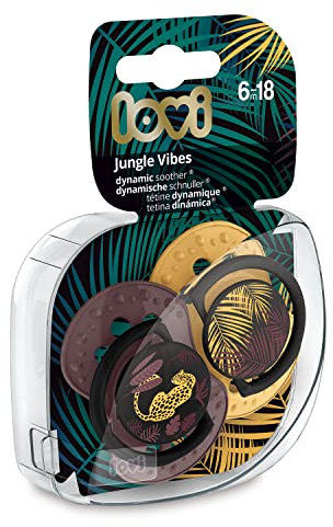 LOVI Ciuccio 6-18 Mesi, Succhietti Bimba con Tettarella in Silicone, Suggerimento dinamico, Collezione Jungle Vibes Girl, 2 pezzi, Marrone castagno