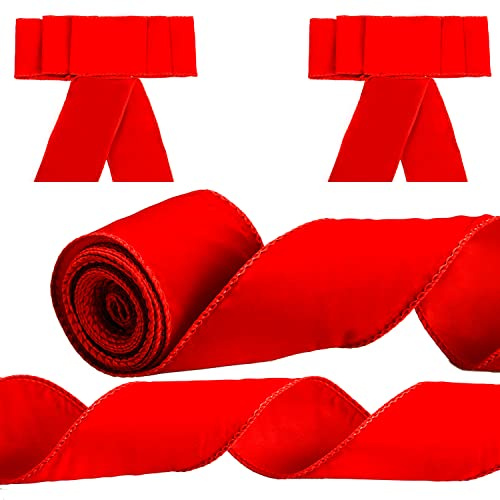 AOVNA 10M x 6.3CM Christmas Red Velvet Ribbon Vintage Wired Edge Ribbon (Red)