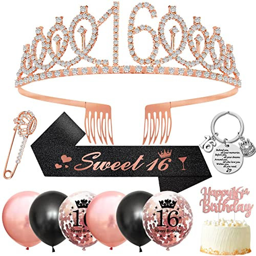 16th Birthday Gifts for Girls: Decorations, Sash, Tiara, Crown, Rose Gold Balloons, Cake Topper & Keyring