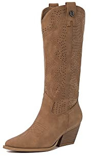 QUEEN HELENA Camperos Stivali Texani Traforati con Tacco Western Cowboy a Punta Stivaletti con Zip Laterale Donna X28-100 Cuoio 37