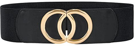 JasGood Damen Breiter Elastischer Taillengürtel Vintage Stretchy Kleid Gürtel Hüftgürtel mit Gold O-Ring Schnalle, Schwarz, 90cm