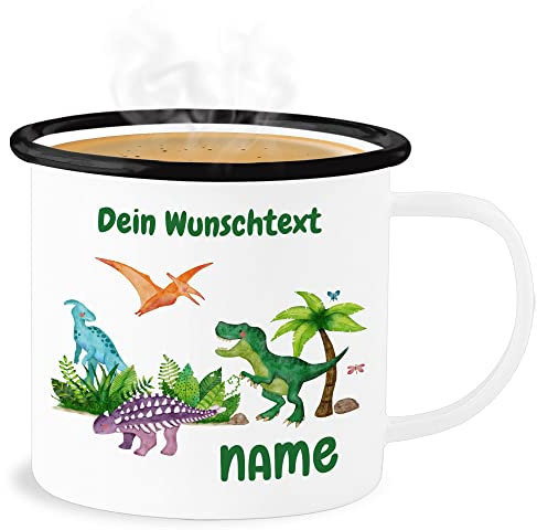 Emaille Becher Blechbecher - Tiere - Dino Dinos Dinosaurier - 300 ml - Weiß Schwarz - tasse bruchsicher kinder mug kindergarten personalisierte geschenke trex tassen dinotasse child tier name