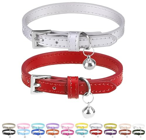 PUPTECK 2 Stück Katzenhalsband mit Glocke aus weichem Leder, verstellbar für Katzen, Kitten & Welpen. Ideal als Kittenhalsband oder Welpenhalsband, Rot