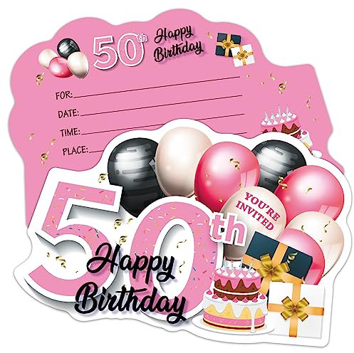 ERHACHAIJIA Einladungskarten zum Ausfüllen in Rosa und Schwarz, goldene Luftballons und Kuchenform, mit Umschlägen, lustige Einladungen zum 50. Geburtstag, Party, 50. Geburtstag, Erwachsene, 20 Stück